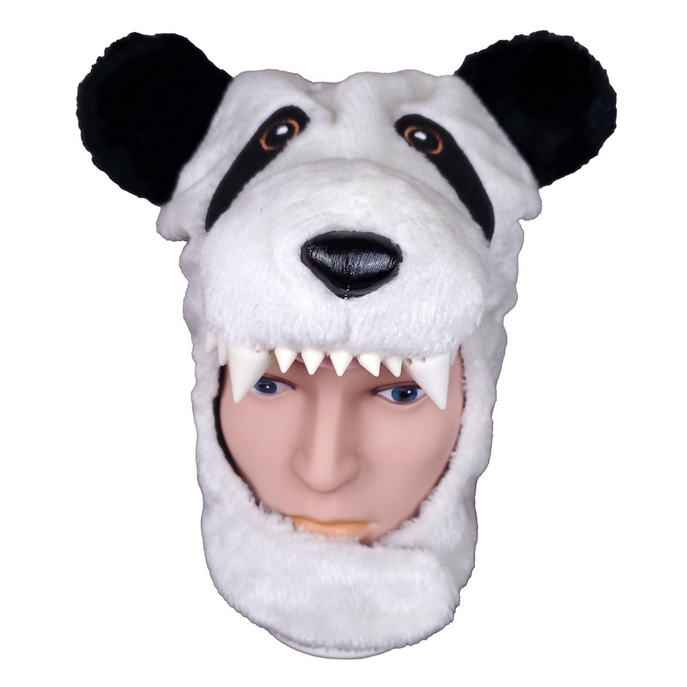 Panda Bear Hood Fur Hat Cap Youth Kids 3D Teeth Ears Nose Chin Strap New